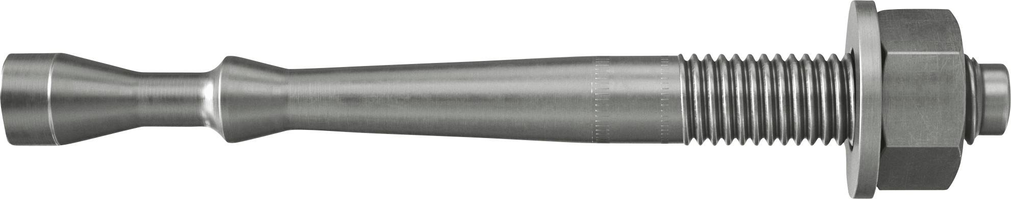 Metallverankerungsbolzen mit verbreitertem Kopf und Gewindelende, horizontal auf weißem Hintergrund dargestellt.