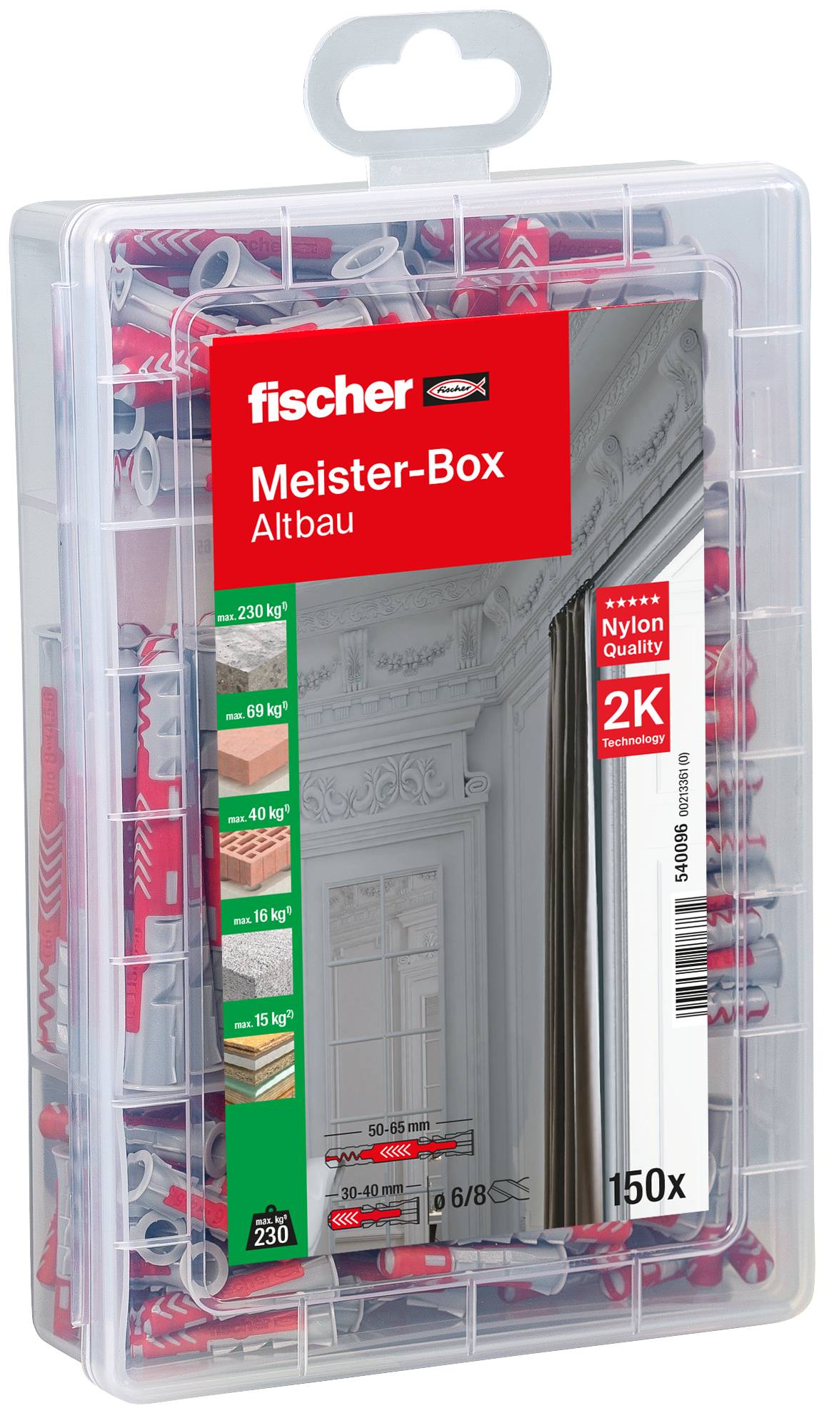 'Fischer Meister-Box Altbau' enthält Nylon-Dübel in verschiedenen Größen für unterschiedliche Lasten, ideal für Altbauwände. Total: 150 Teile.
