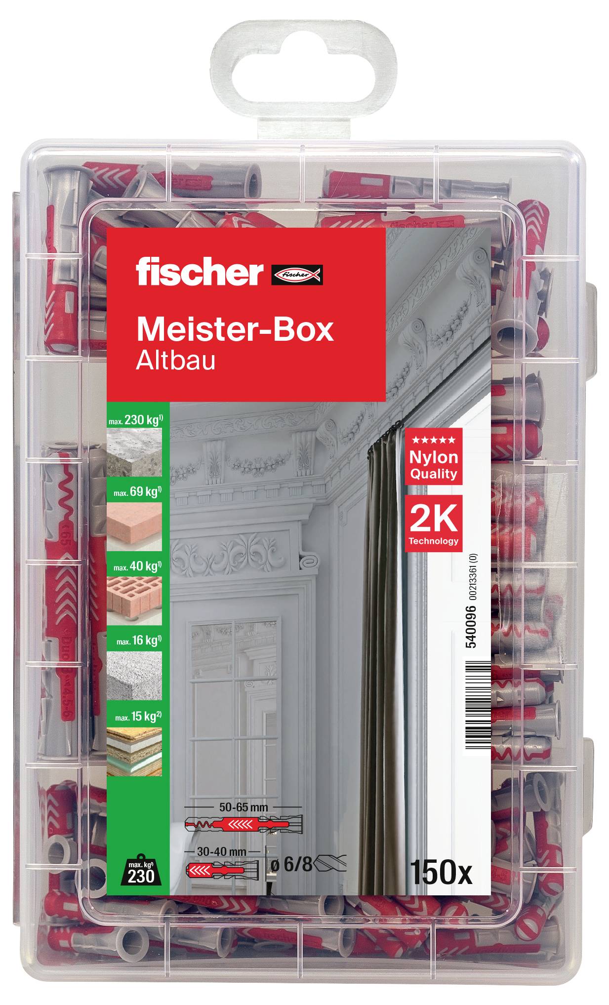 Produktverpackung von Fischer mit einer Meister-Box für Altbau; enthält 150 Dübel verschiedener Größen, geeignet für Lasten von 6 bis 45 kg.