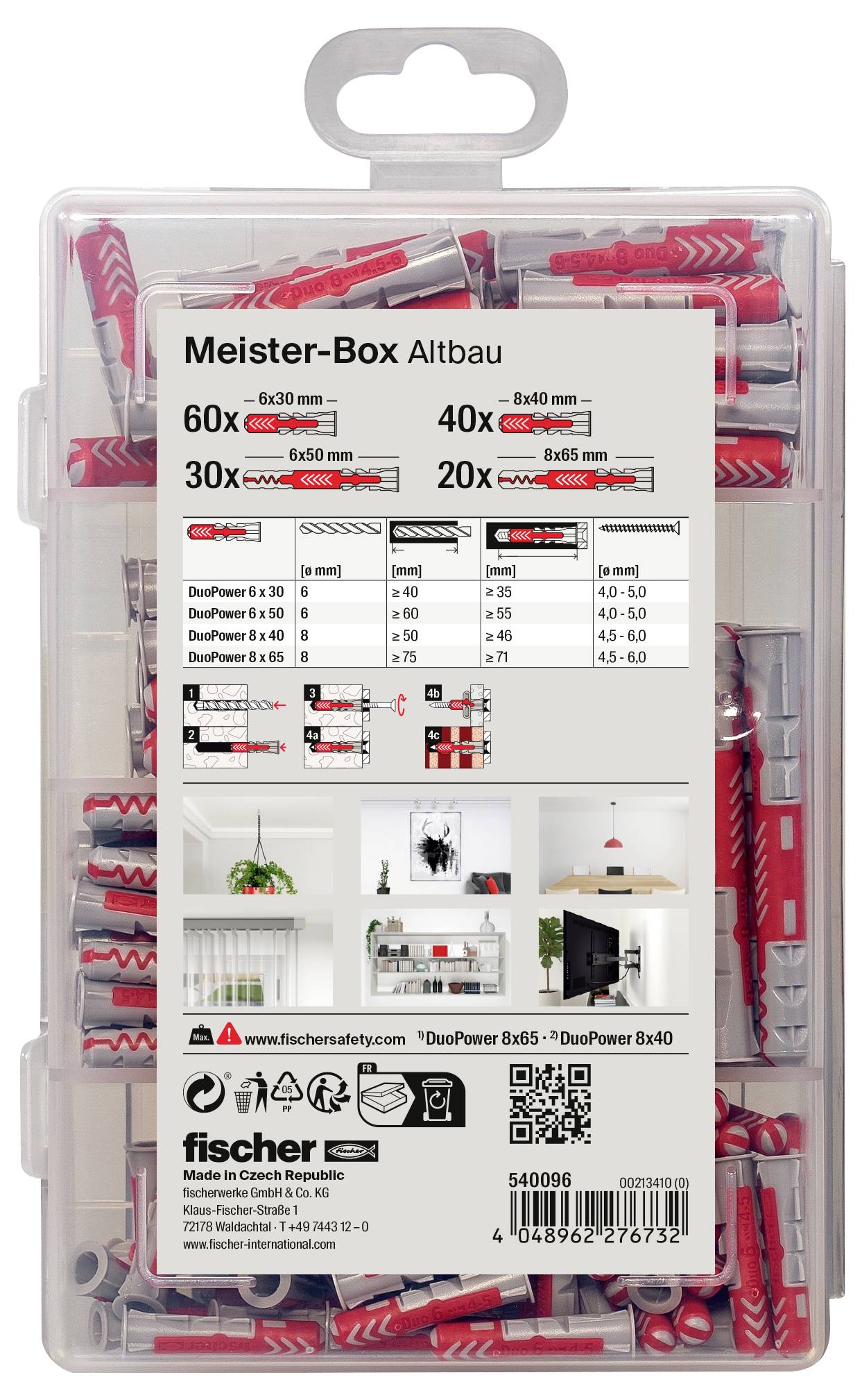 Plastikbox mit Fischer-Dübeln in verschiedenen Größen. Enthält 60 Dübel 6x30 mm, 40 Dübel 8x40 mm und 20 Dübel 10x50 mm.