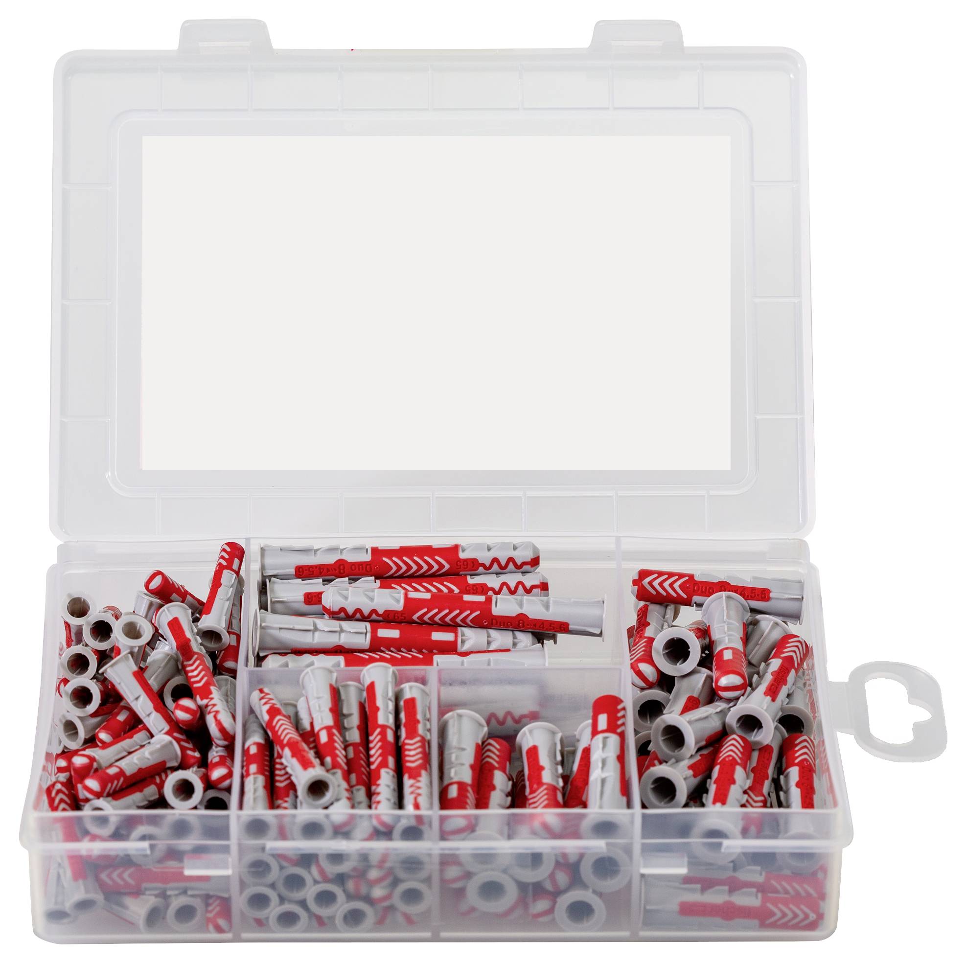 Plastikbox mit roten und grauen Kunststoffdübeln unterschiedlicher Größe, unterteilt in Fächer zur ordentlichen Aufbewahrung.