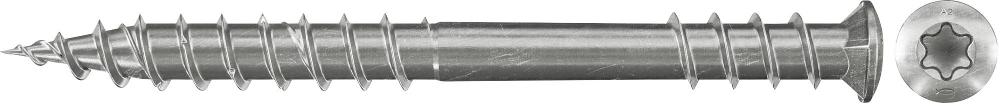 Metallschraube mit sternförmigem Sicherheitskopf, horizontal auf weißem Hintergrund dargestellt.