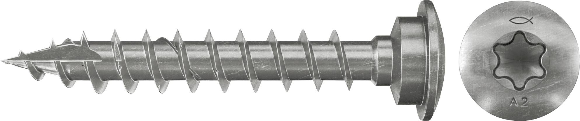 Metallschraube mit scharfer Spitze und breitem Flanschkopf, daneben eine Nahaufnahme der Torx-Antriebsvertiefung im Kopf.