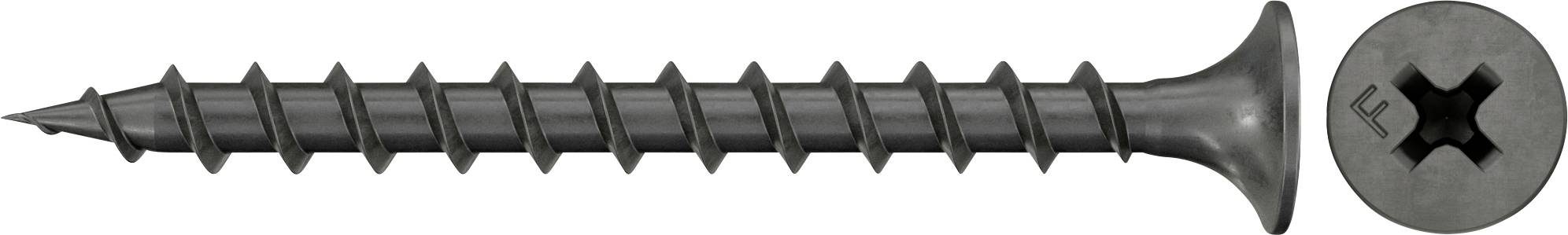 Eine lange schwarze Schraube mit breitem Kopf wird horizontal gezeigt, daneben eine Nahaufnahme ihrer Phillips-artigen Kreuzaussparung.