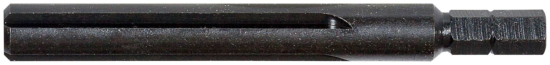 Ein schwarzer Sechskant-Schaftbohrer mit einer spitzen Spitze, horizontal auf weißem Hintergrund dargestellt.