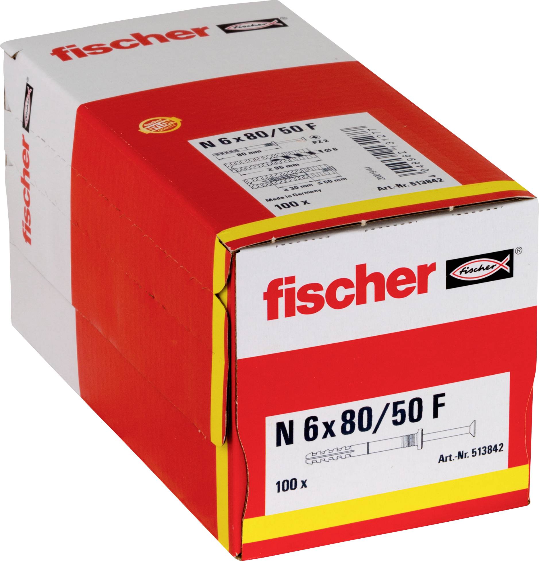 Karton Fischer N 6x80/50 F Wanddübel, 100er-Pack, auf einer rot-weiß gestreiften Einzelhandelspackung dargestellt.