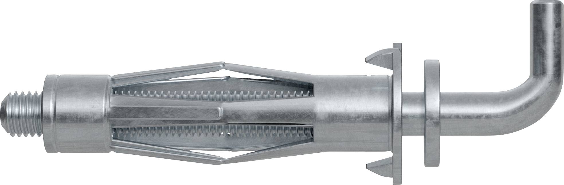 Metallischer Expansionsankerschraube mit Gewinde-Ende, geschlitzter Muffe und hakenförmigem rechtwinkligem Kopf zum Befestigen in Mauerwerk oder Beton.