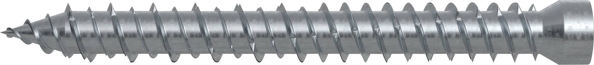 Eine lange silberne Metallschraube mit groben Gewinden und einem flachen Kopf, horizontal auf weißem Hintergrund dargestellt.