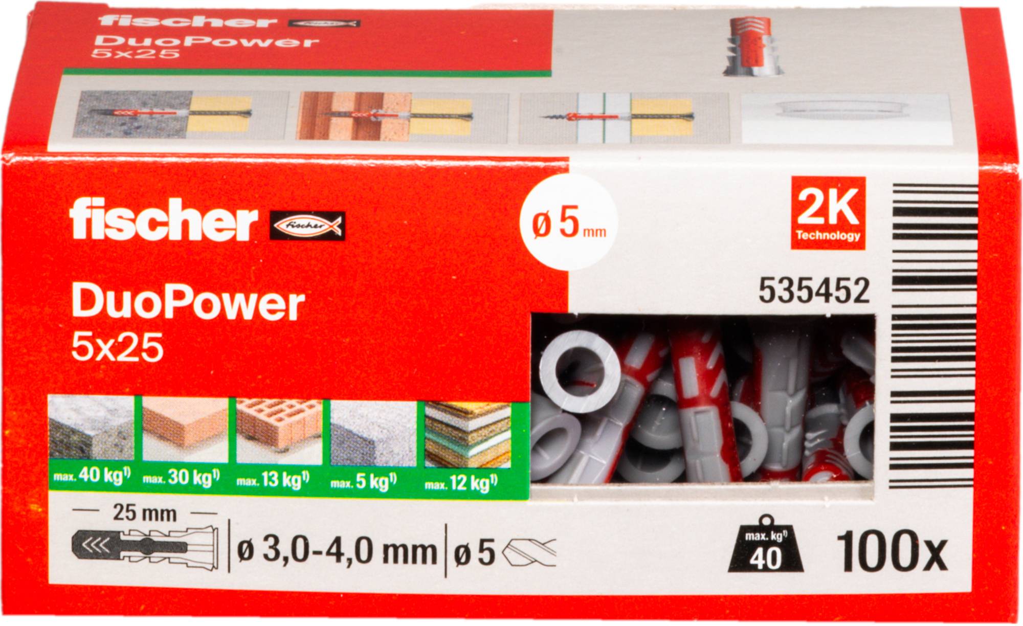 Dübel 'Fischer DuoPower 5x25' Sortiment für verschiedene Materialien. Enthält Abbildungen, die zeigen, wie der Dübel in Beton, Ziegel und Holz eingesetzt wird. Enthält 100 Stück.