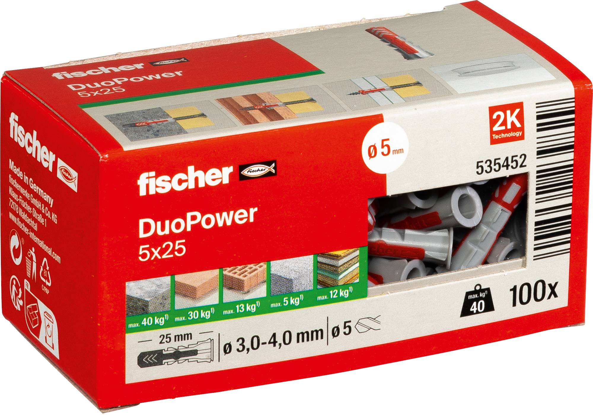 Packung mit 100 fischer DuoPower 5x25 Dübeln. Geeignet für Beton, Ziegel, Stein, Gipskartonplatten und Trockenbau. Trägt verschiedene Lasten.
