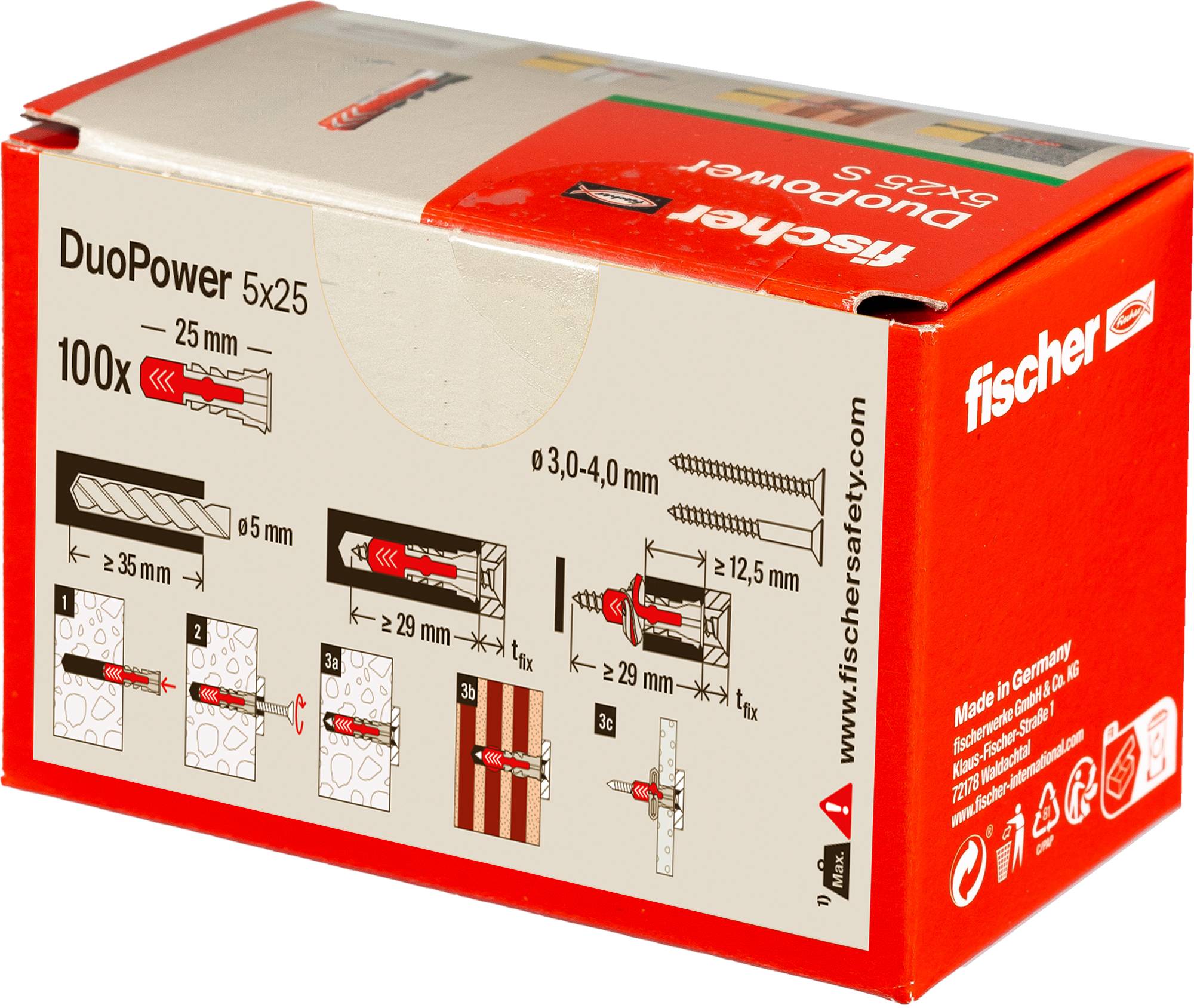 Karton mit Fischer DuoPower 5x25 Dübeln, zeigt Abmessungen, Bohrlochgröße (5mm) und Anwendungsbeispiele auf der Verpackung.