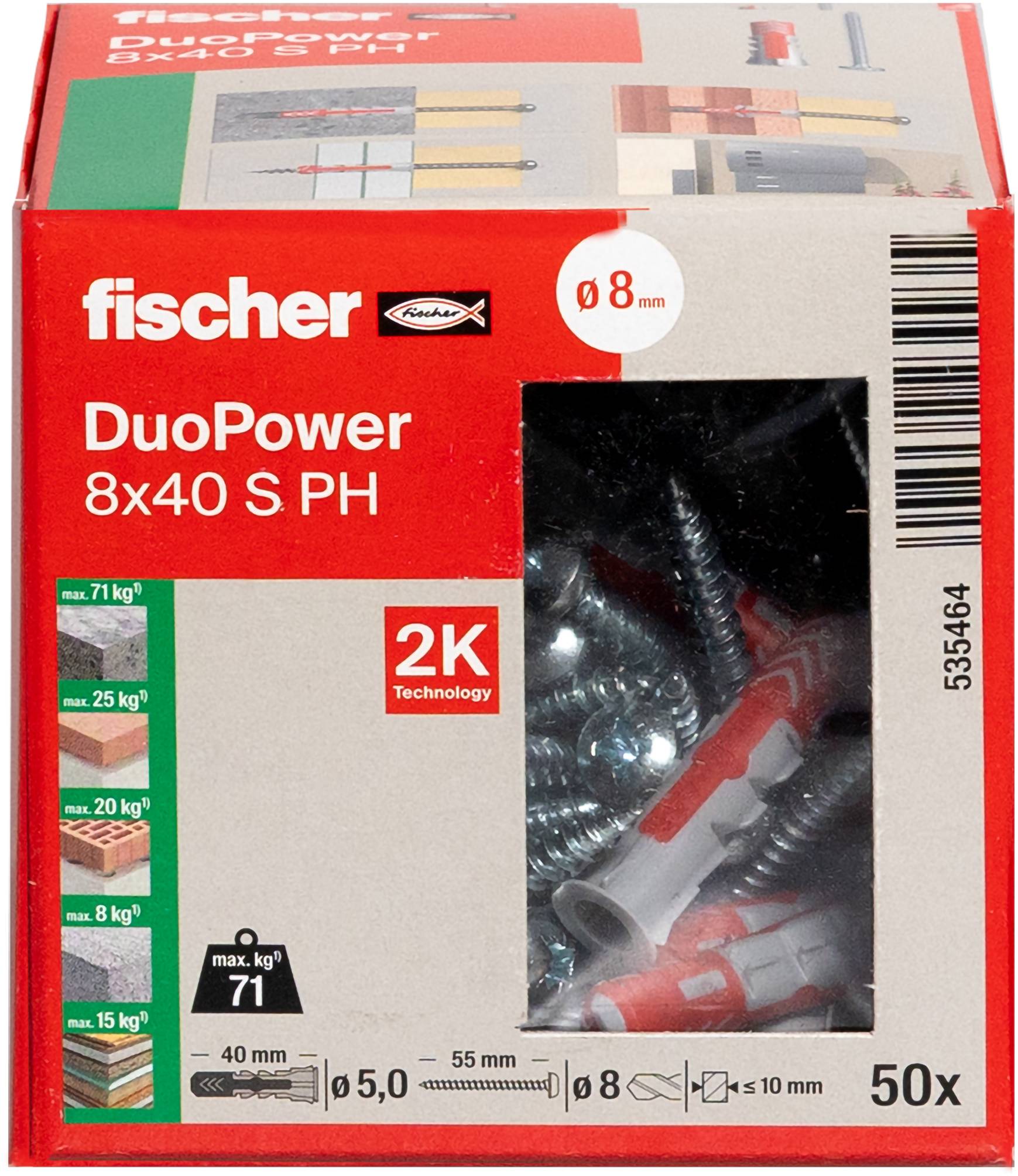 Eine Packung Fischer DuoPower 8x40 S PH Dübel und Schrauben, maximale Tragfähigkeit 71 kg, enthält 50 Stück. Geeignet für verschiedene Oberflächen.