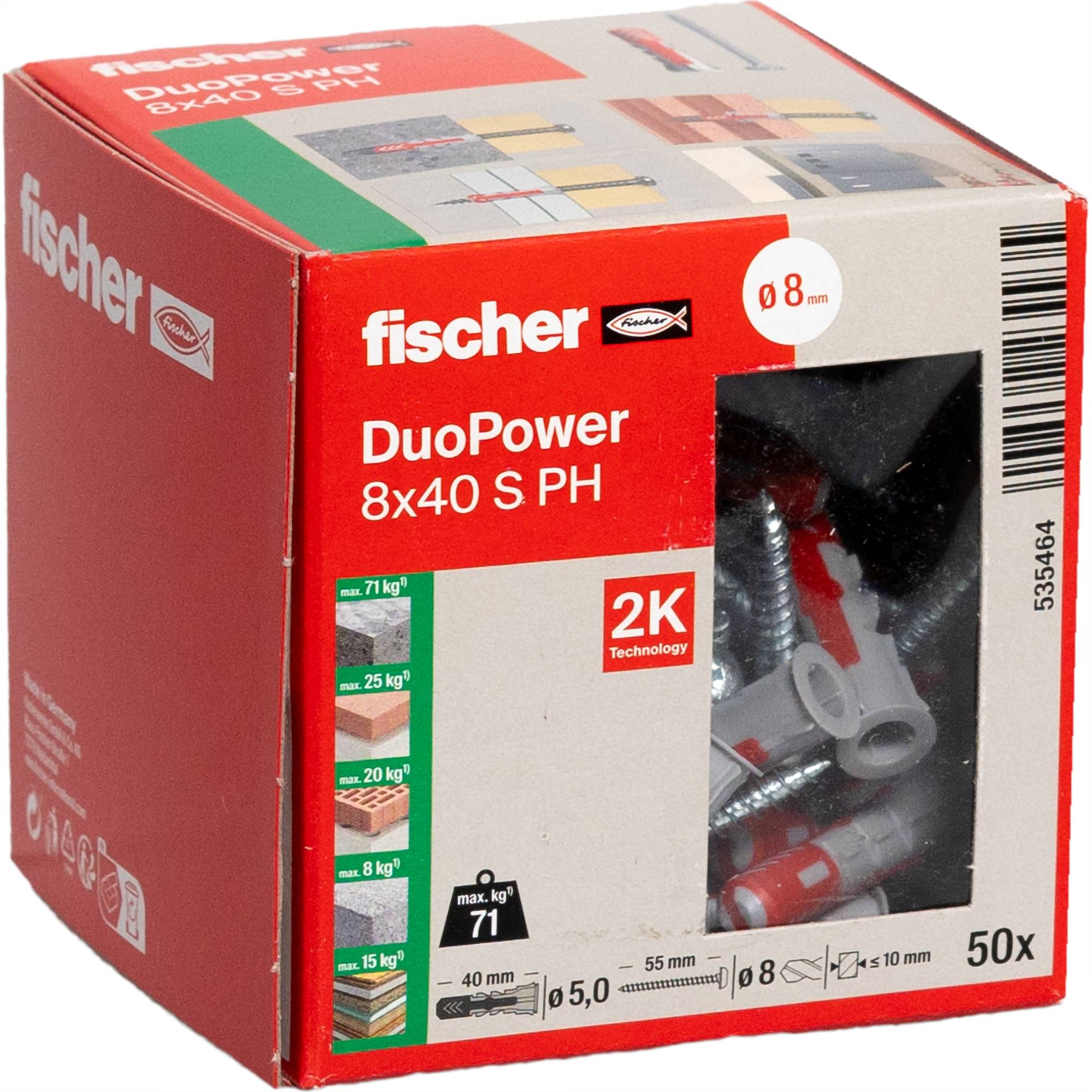Rot-grauer fischer DuoPower 8x40 S PH Wanddübel-Box für hohe Tragfähigkeit mit 2K-Technologie, geeignet für verschiedene Materialien.