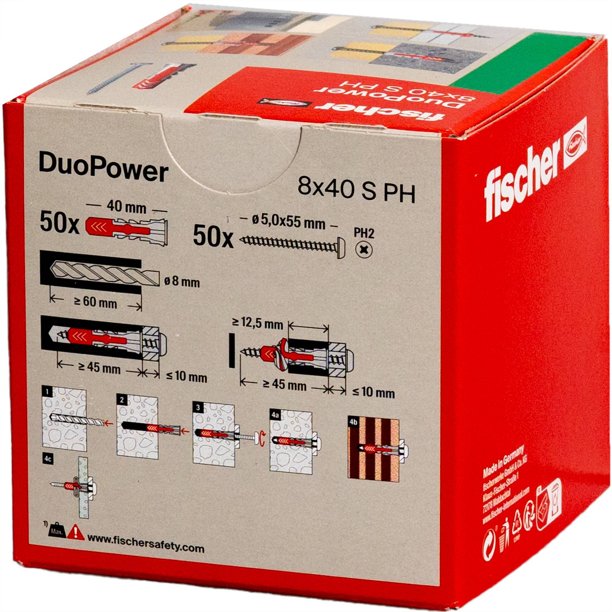 Karton mit Fischer DuoPower Schrauben und Dübeln, mit Diagrammen zur Verwendung und Abmessungen. Informationen umfassen Größe: 8x40 S PH und Mengen.