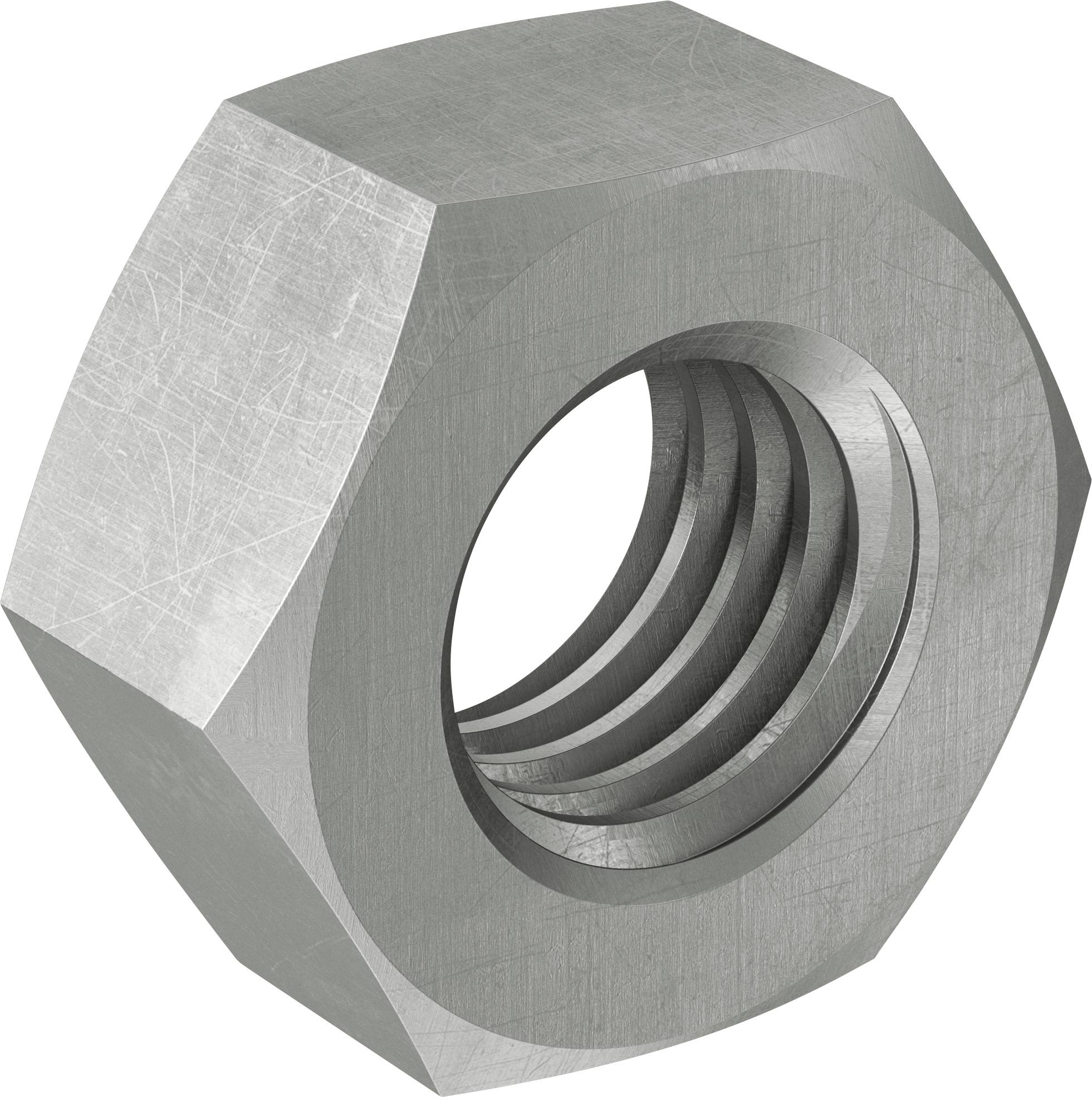 Großaufnahme einer Metallsechskantmutter mit einem Gewindeloch in der Mitte, vor einem einfachen weißen Hintergrund.