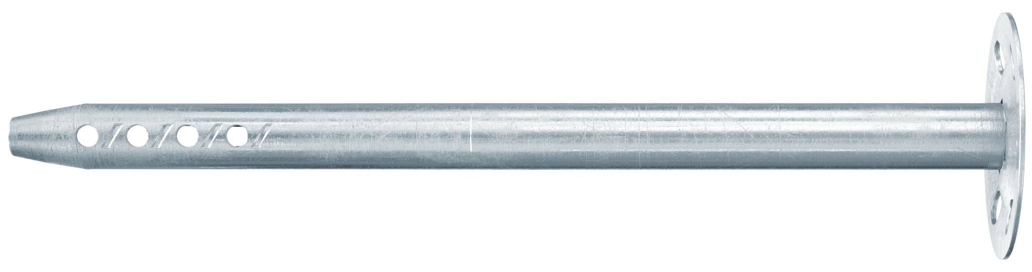 Metallmontageklammer mit einem langen zylindrischen Stab und perforiertem Plattenende, gezeigt auf weißem Hintergrund.