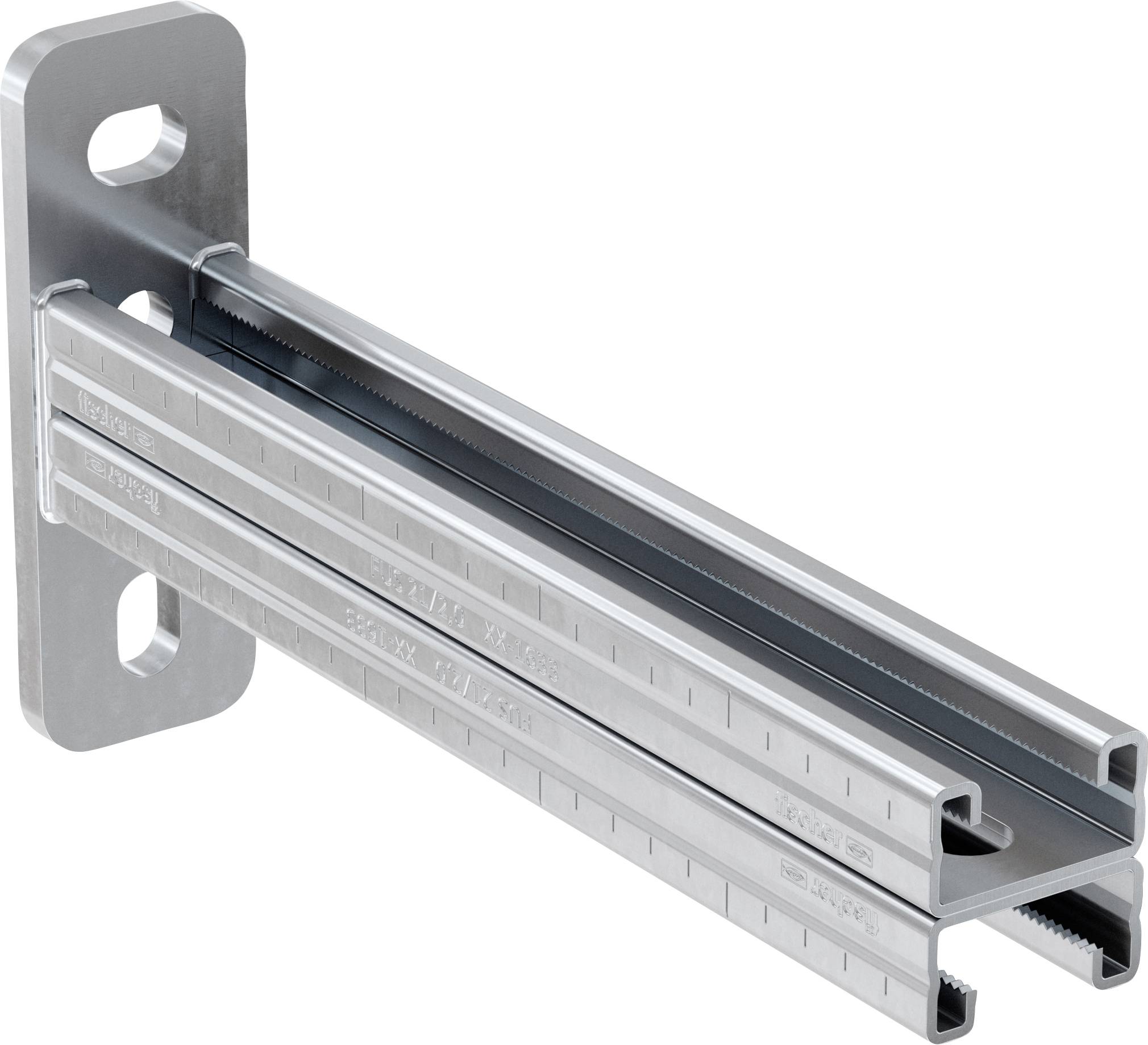 Metallwandhalterung, die eine lange geschlitzte Aluminiumprofil oder ein Kanal hält, dargestellt in einer produktstilgerechten Nahaufnahme auf weißem Hintergrund.