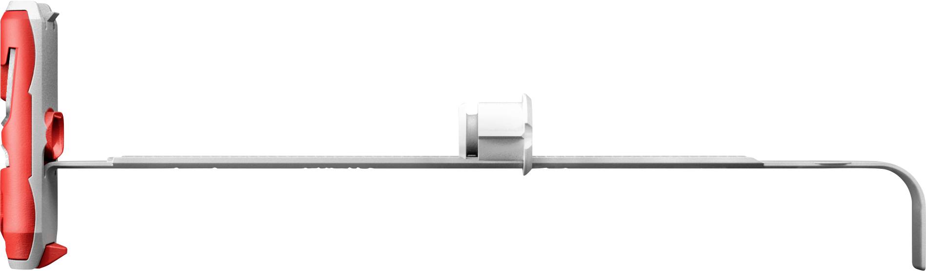 Ein Silber- und Rot-Zifferblatt-Thermometer mit einer langen Sonde und einem verstellbaren Clip, entwickelt zum Überprüfen der Temperatur von Lebensmitteln.