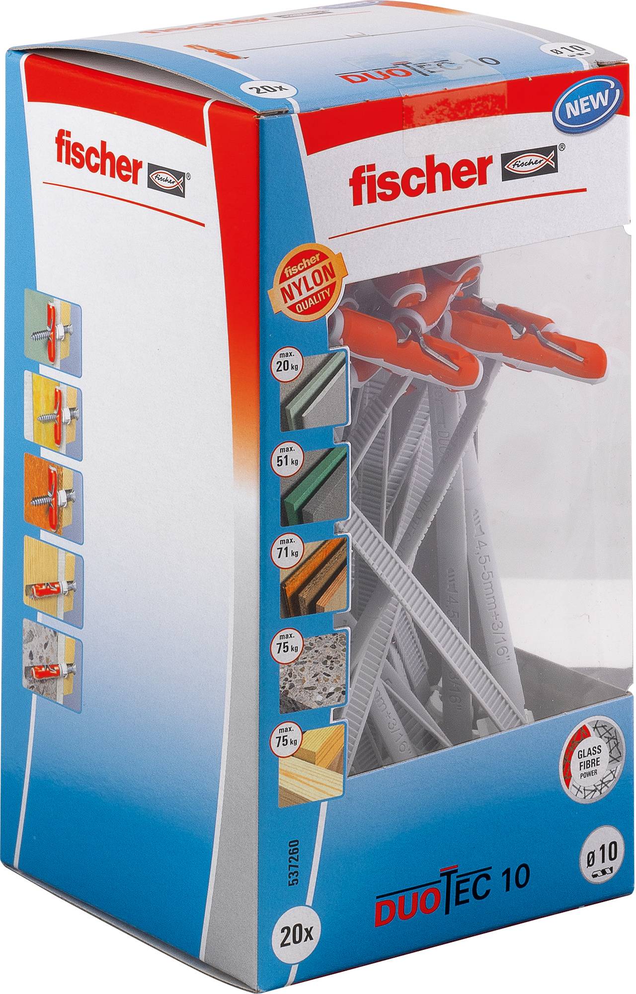 Schachtel mit Fischer DUOTEC 10 Wanddübeln, mit Nylonkomponenten, verschiedenen Oberflächenkompatibilitätssymbolen und 
