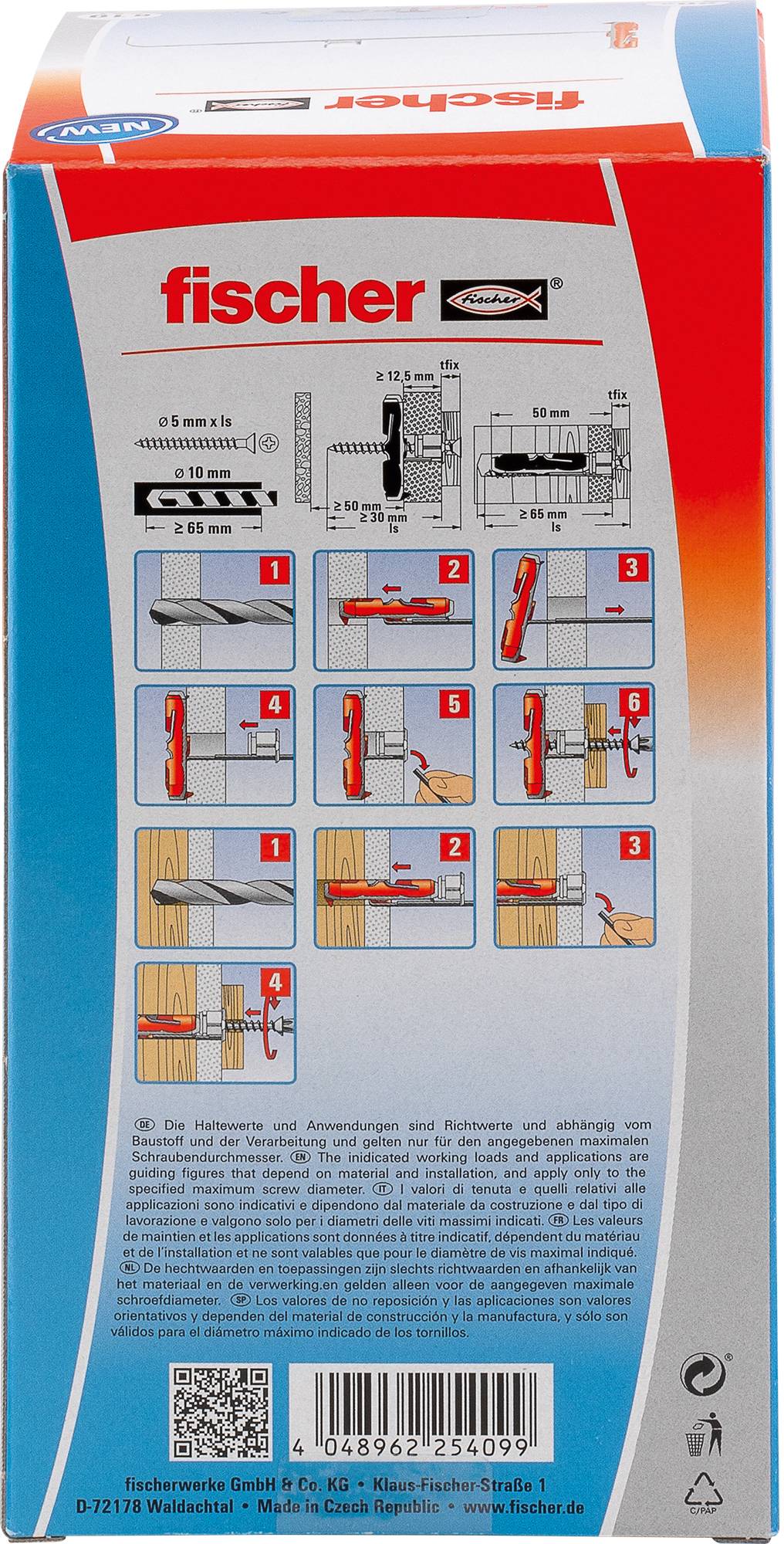 Das Bild zeigt eine Verpackung für Fischer-Dübel mit Anweisungen. Es enthält schritt-für-schritt-Diagramme, die den Installationsprozess demonstrieren.