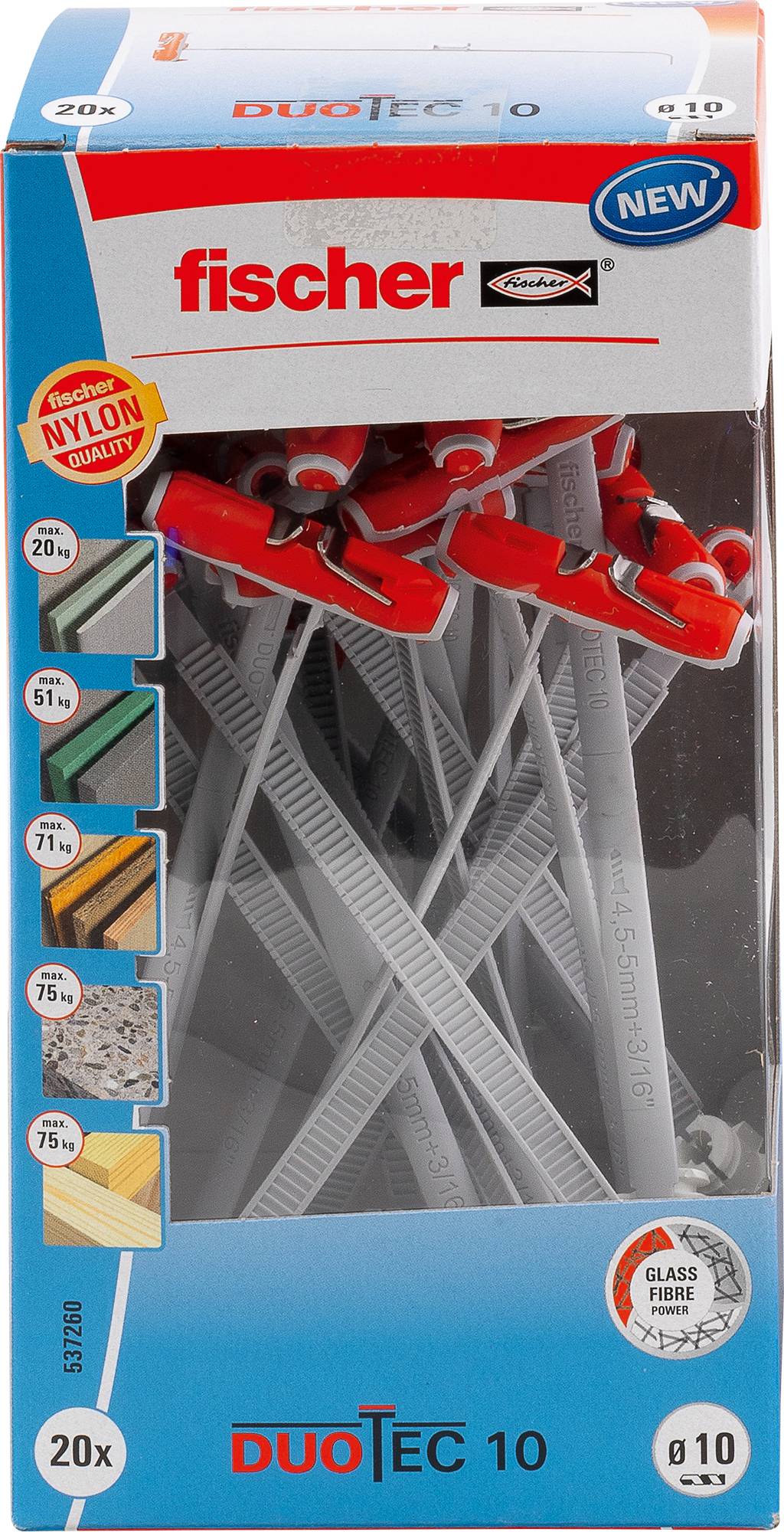 Packung Fischer Duotec 10 Dübel, 20 Stück, geeignet für verschiedene Materialien wie Mauerwerk, Holz und Gipskarton; hochwertige Nylon-Ausführung.