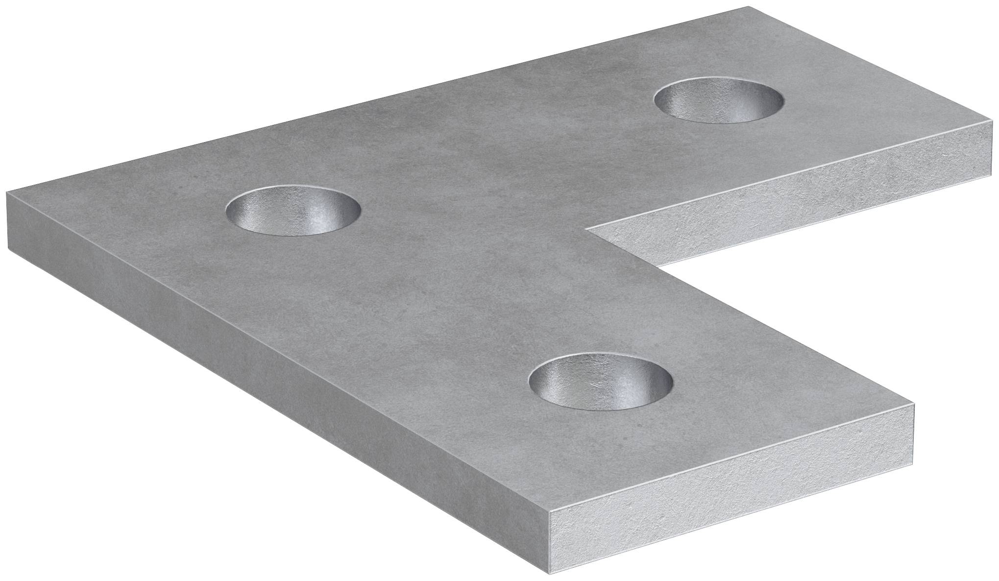 Graues L-förmiges Metallblech mit drei kreisförmigen Senklöchern auf weißem Hintergrund.