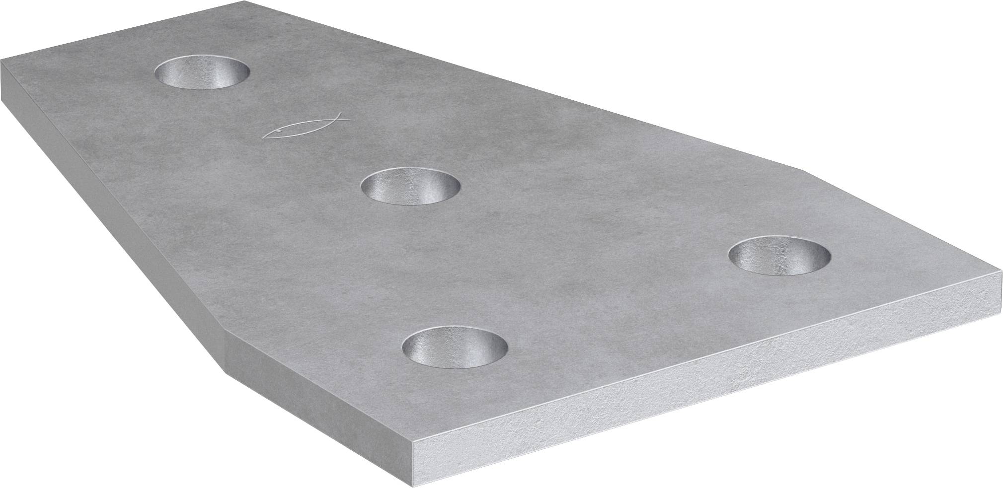 Graue Metallplatte mit vier Senklöchern, perspektivisch auf weißem Hintergrund dargestellt.
