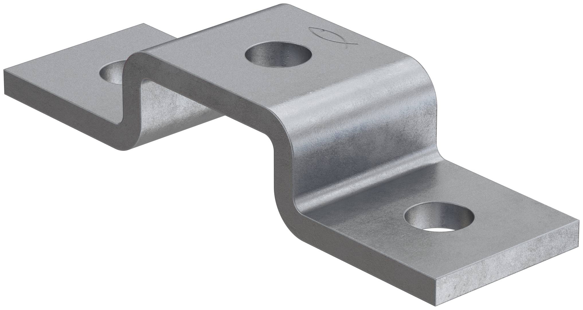 Eine silberfarbene Metallmontageklammer mit drei Schraubenlöchern und einer Zickzack-Versatzform, gezeigt auf weißem Hintergrund.