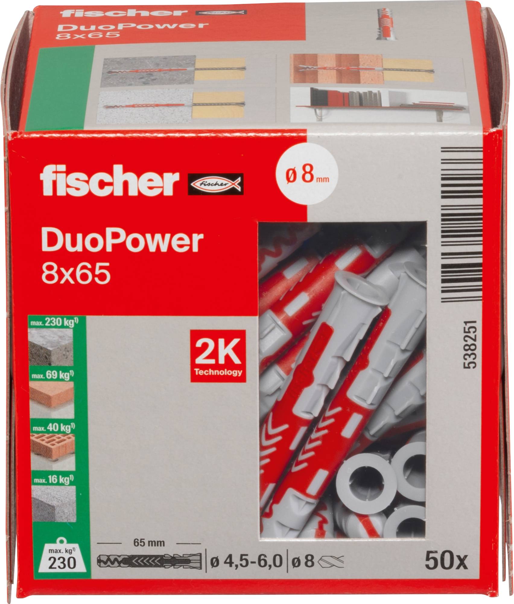 Karton Fischer DuoPower Dübel, 8x65 mm, mit 2K-Technologie und Tragfähigkeit bis zu 230 kg im Beton. Enthält 50 Stück.