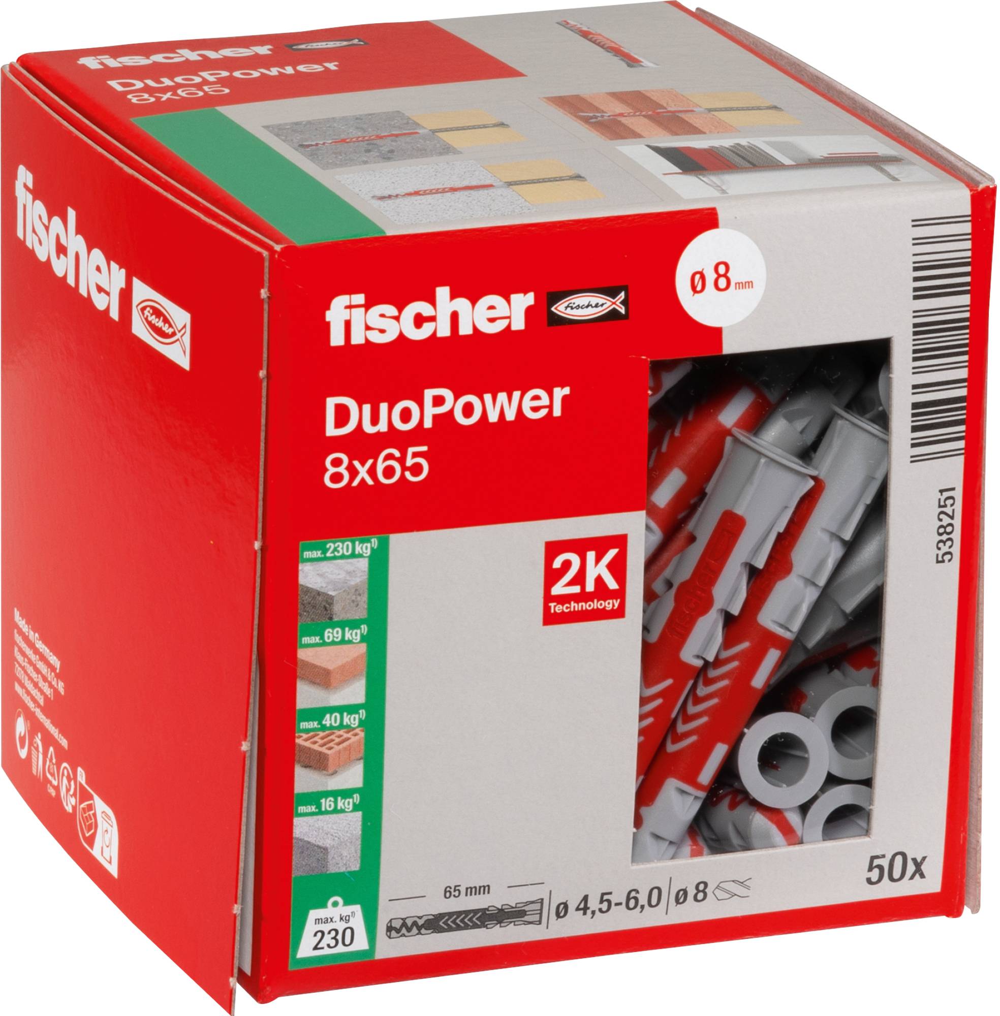 Kiste mit der Bezeichnung „fischer DuoPower 8x65