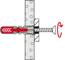 Diagramm eines Wanddübels in einem gebohrten Loch, Gewinde-Schraube wird eingeführt und dehnt den Dübel nach außen aus, Straffung gegen die Wand.