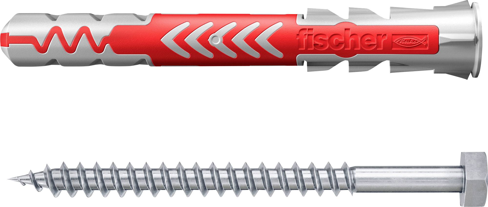 Ein roter und silberner Wandstecker über einer Metallschraube mit sechskantigem Kopf, die zum Befestigen von Objekten an Wänden verwendet wird.