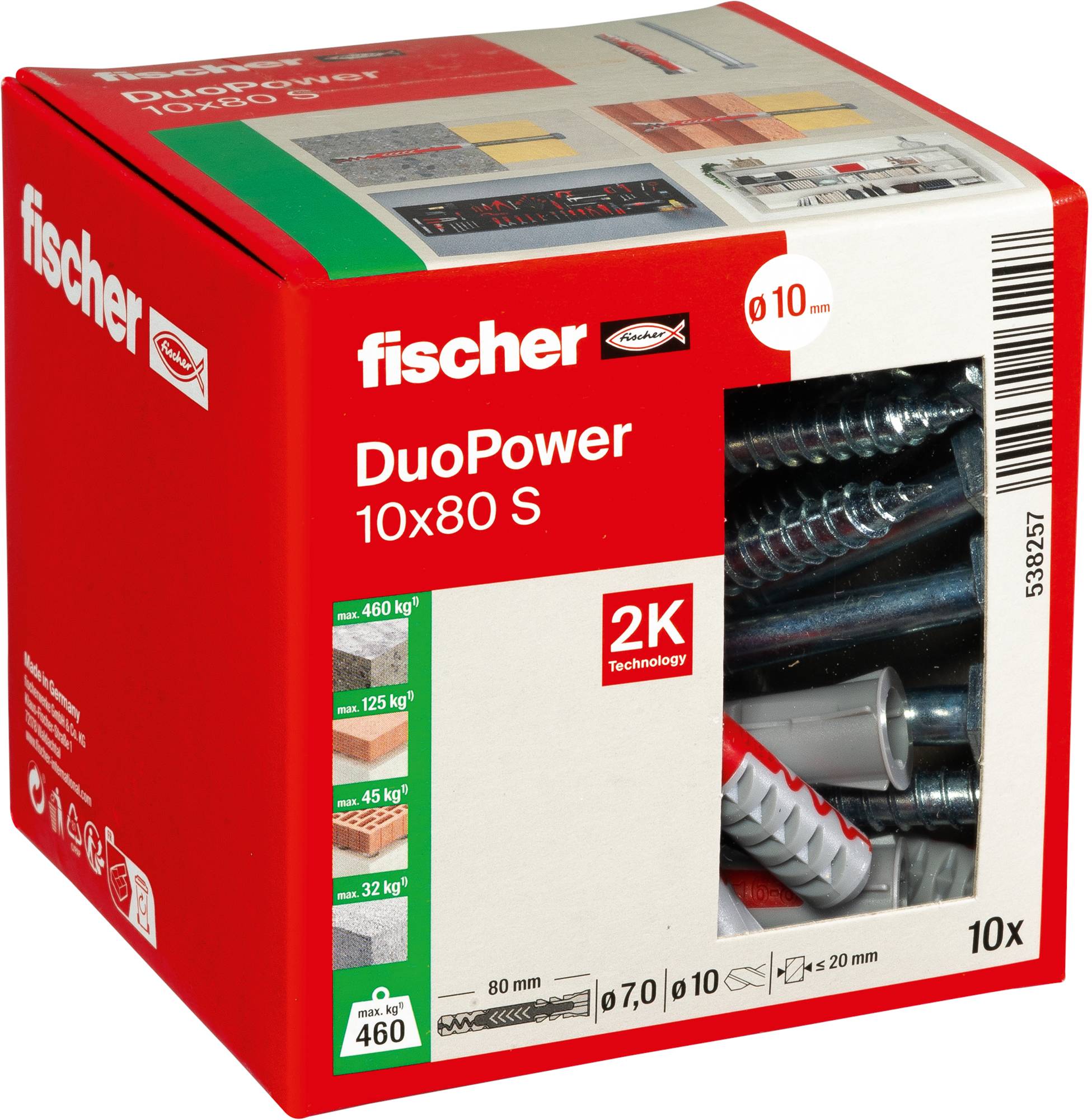 Rote Schachtels mit fischer DuoPower 10x80 S Nylondübel, 10 Stück, mit Bildern und Text mit Angaben zu den Traglasten und Produktinformationen.