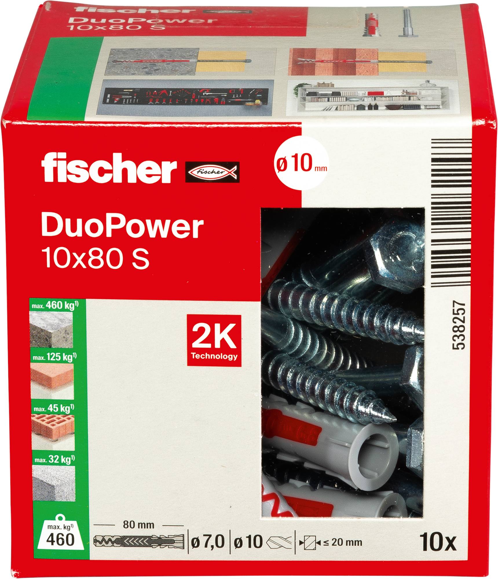 Ein Paket Fischer DuoPower Dübel, 10x80 S, mit 10 Dübeln mit 2K-Technologie. Zeigt Tragfähigkeitssymbole für verschiedene Materialien an.