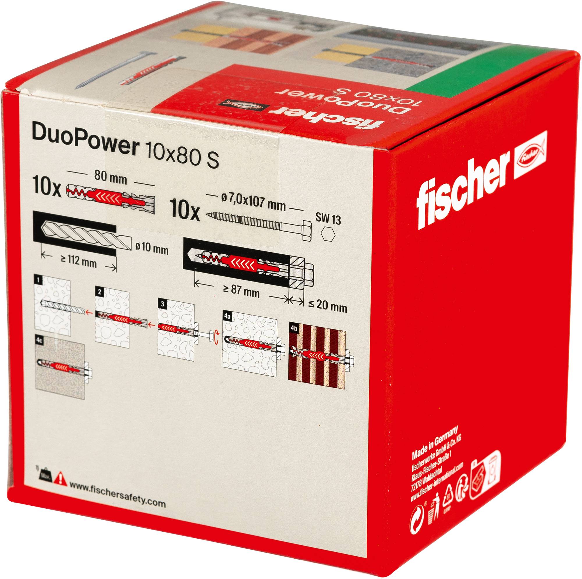 Installationsanleitung und Produktabmessungen für das Produkt 'Fischer DuoPower 10x80 S' werden auf der Produktverpackung mit Bildern und Text angezeigt.