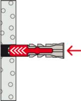 Eine Illustration zeigt einen Dübel, der sich ausdehnt, während eine Schraube eingedreht wird, um ihn in der Wand zu befestigen. Ein Pfeil zeigt die Ausdehnungsrichtung an.