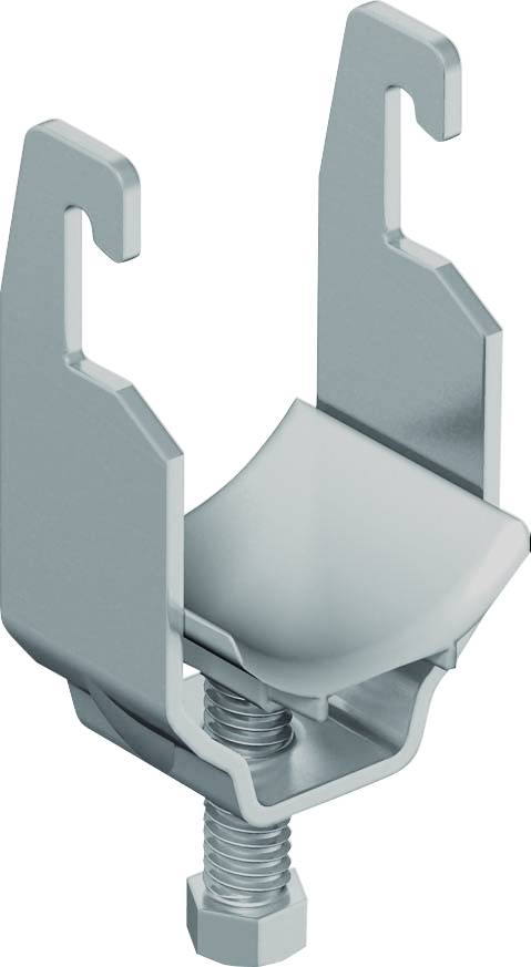 Nahaufnahme einer Metallspannzwinge oder eines Befestigungsclips mit zwei gebogenen Armen und einer zentralen Gewindeschraube.