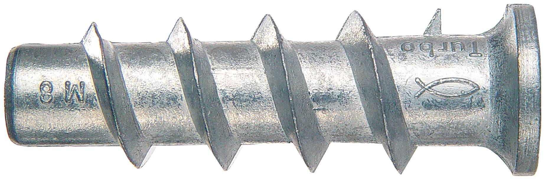 Nahaufnahme einer silbernen Metalltrockenbauanker mit groben Gewinden und Flanschkopf, horizontal auf weißem Hintergrund dargestellt.