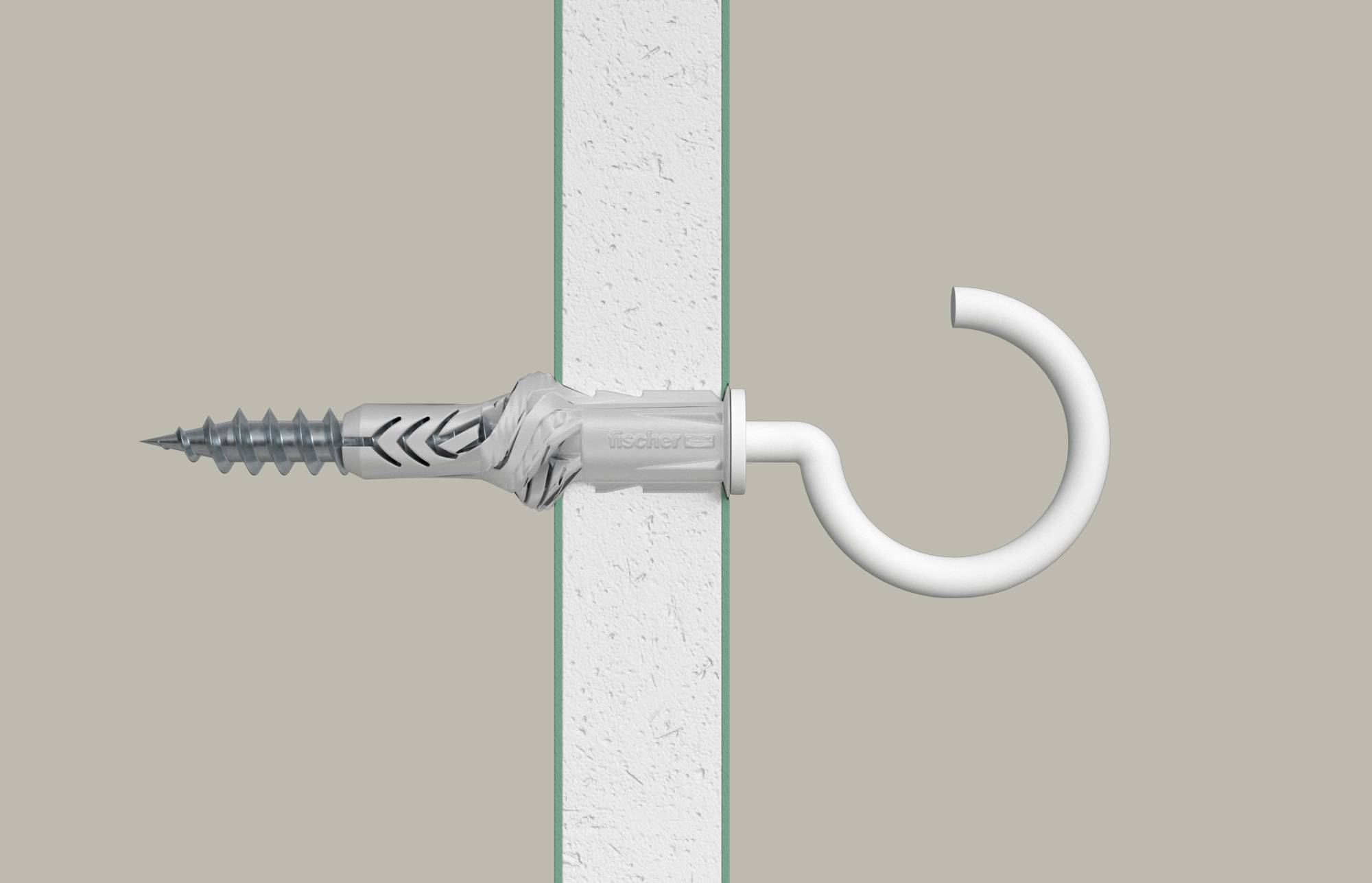 Ein einschraubbarer Wandanker mit Haken ist durch eine Gipsständerwand eingebettet und zeigt einen angebrachten Aufhängepunkt.