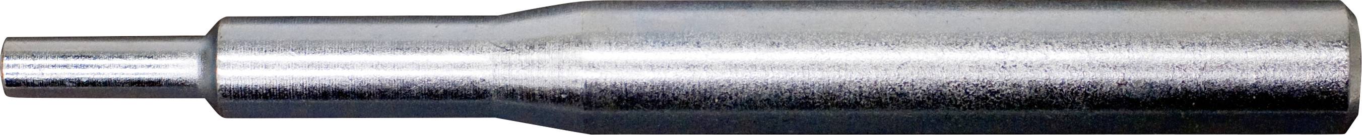 Ein glänzender Metallzylinder oder eine glänzende Metallwelle mit einer schmalen hervorstehenden Spitze auf der linken Seite.