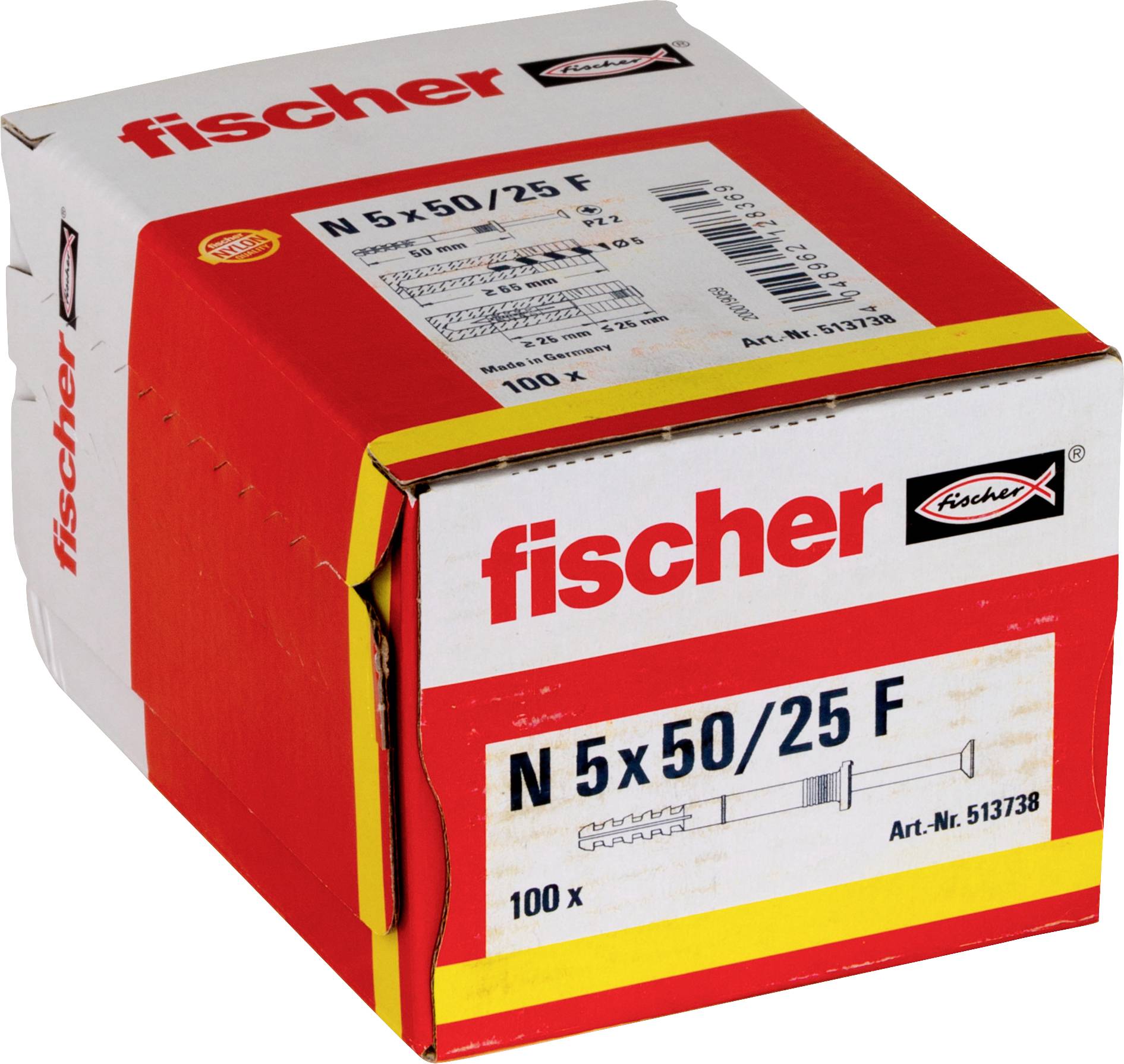 Rote und weiße Fischer-Schachtel mit N 5x50/25 F Dübeln, gekennzeichnet mit 100 Stück.