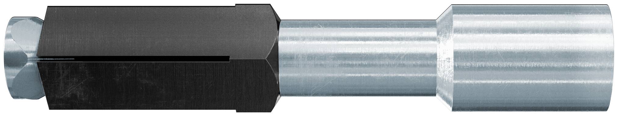Metallische Rohrverschraubung oder Verbinder mit einem schwarzen sechseckigen zentralen Abschnitt und silbernen zylindrischen Enden auf weißem Hintergrund.