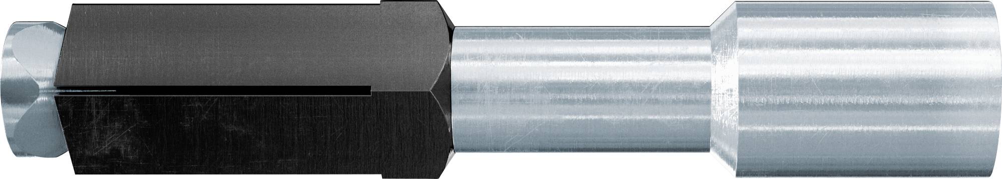 Metallische Rohrverschraubung oder Verbinder mit einem schwarzen sechseckigen zentralen Abschnitt und silbernen zylindrischen Enden auf weißem Hintergrund.
