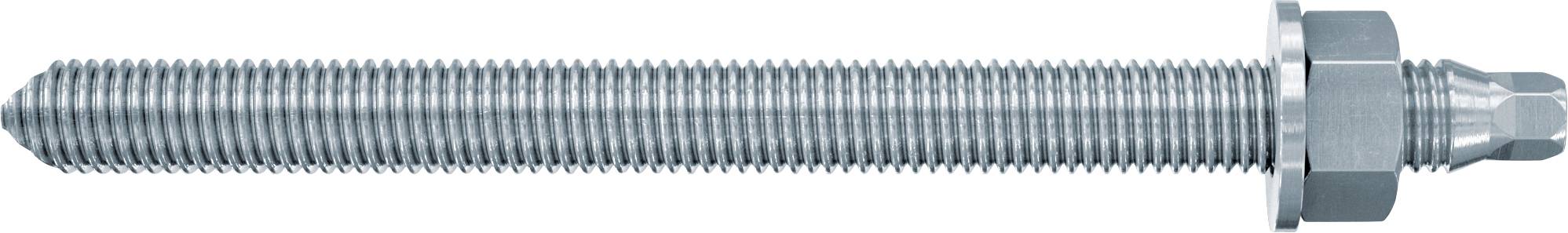 Ein Metallgewindeschraube mit Sechskantmutter und konischem Ende, horizontal auf weißem Hintergrund dargestellt.
