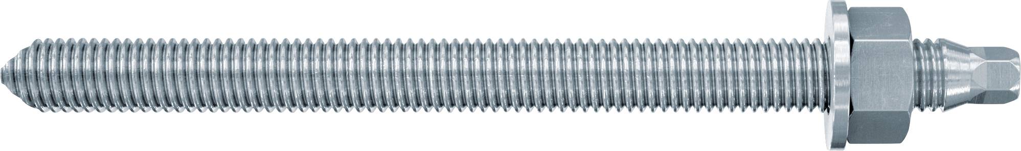 Ein langer Gewindemetallbolzen mit einer Sechskantmutter und einer Kegelpassung an einem Ende, horizontal auf weißem Hintergrund dargestellt.