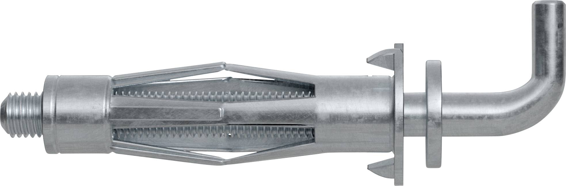 Ein hohler Metallwandanker mit Gewindeschraube und expandierender Hülse, shown in Seitenansicht zum Befestigen in Trockenbau oder Mauerwerk.