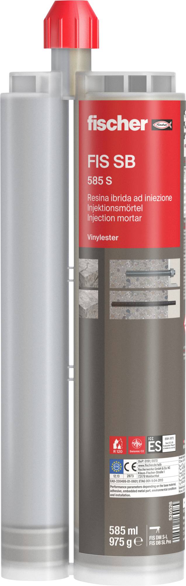 Produktbild einer fischer FIS SB 585 S Injektionsmörtelverstärkung mit roter Kappe und silbernem Applikator, beschriftet mit 585 ml.