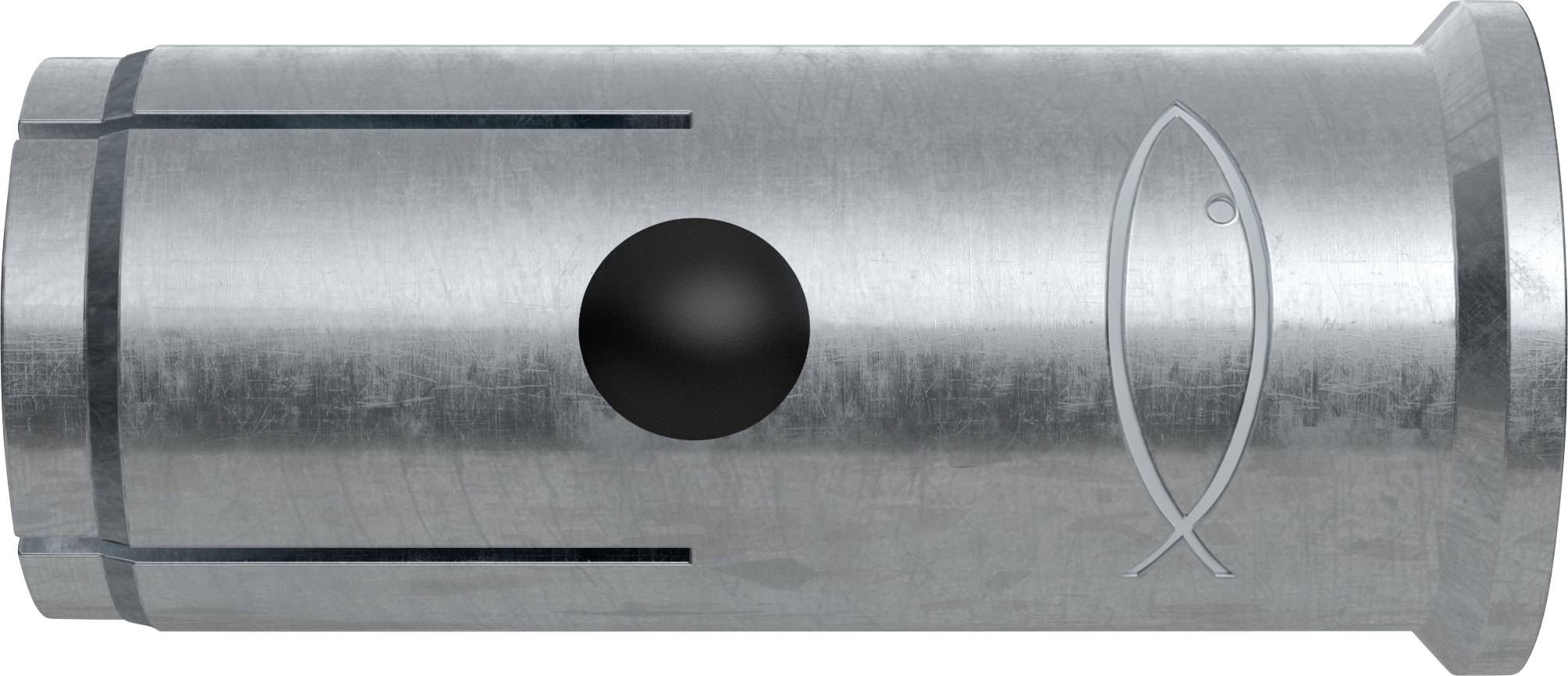 Silbernes zylindrisches Metallteil mit schwarzem kreisförmigem Loch und einem Fischsymbol auf der Seite eingraviert.