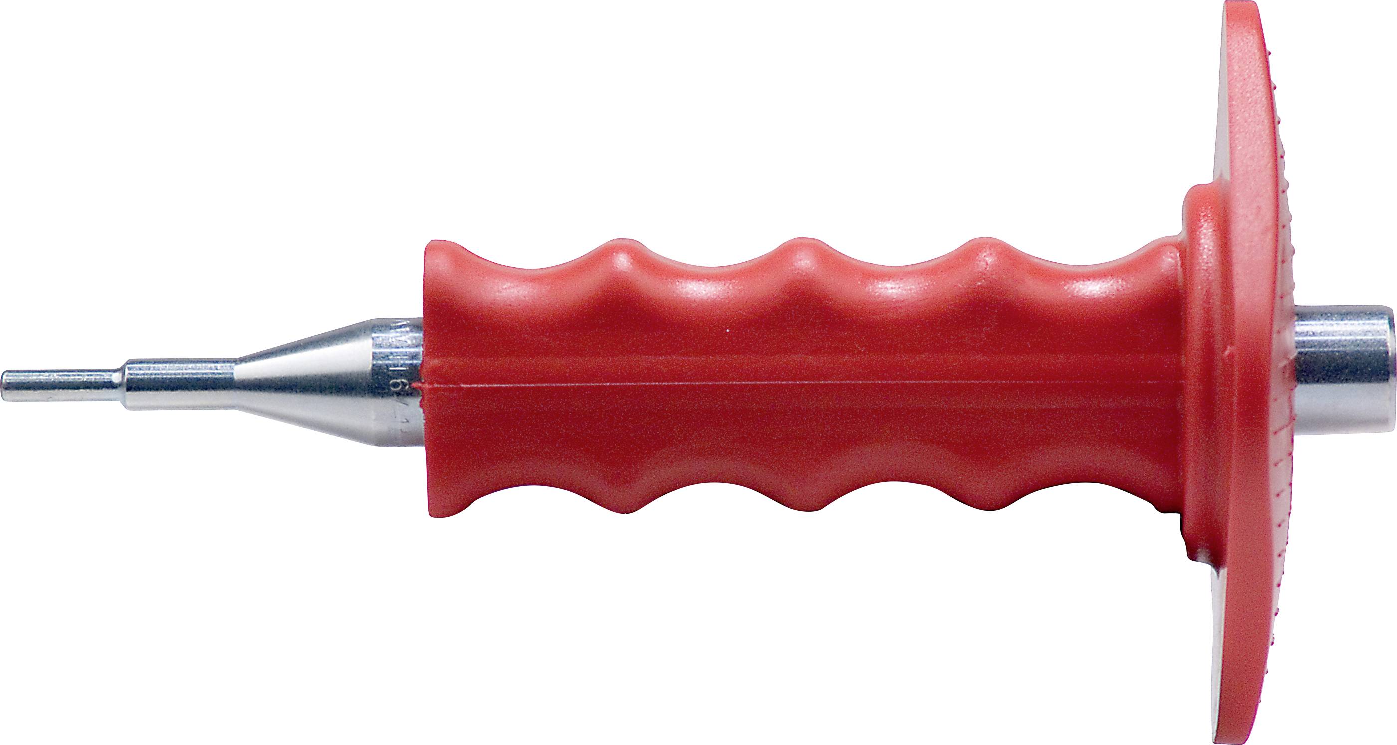Rotes Kunststoffhandwerkzeug mit spitzer Metallspitze und breitem kreisförmigem Schutzschild, isoliert auf weißem Hintergrund dargestellt.