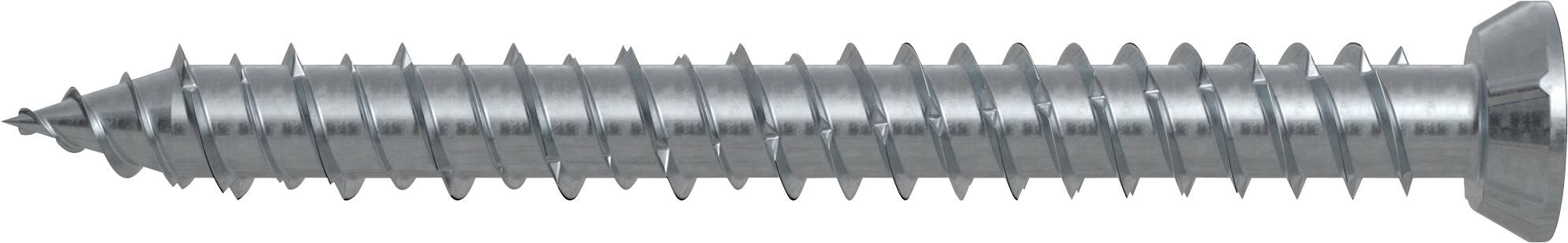 Metallschraube mit groben Gewinden und flachem Kopf, horizontal auf weißem Hintergrund dargestellt.
